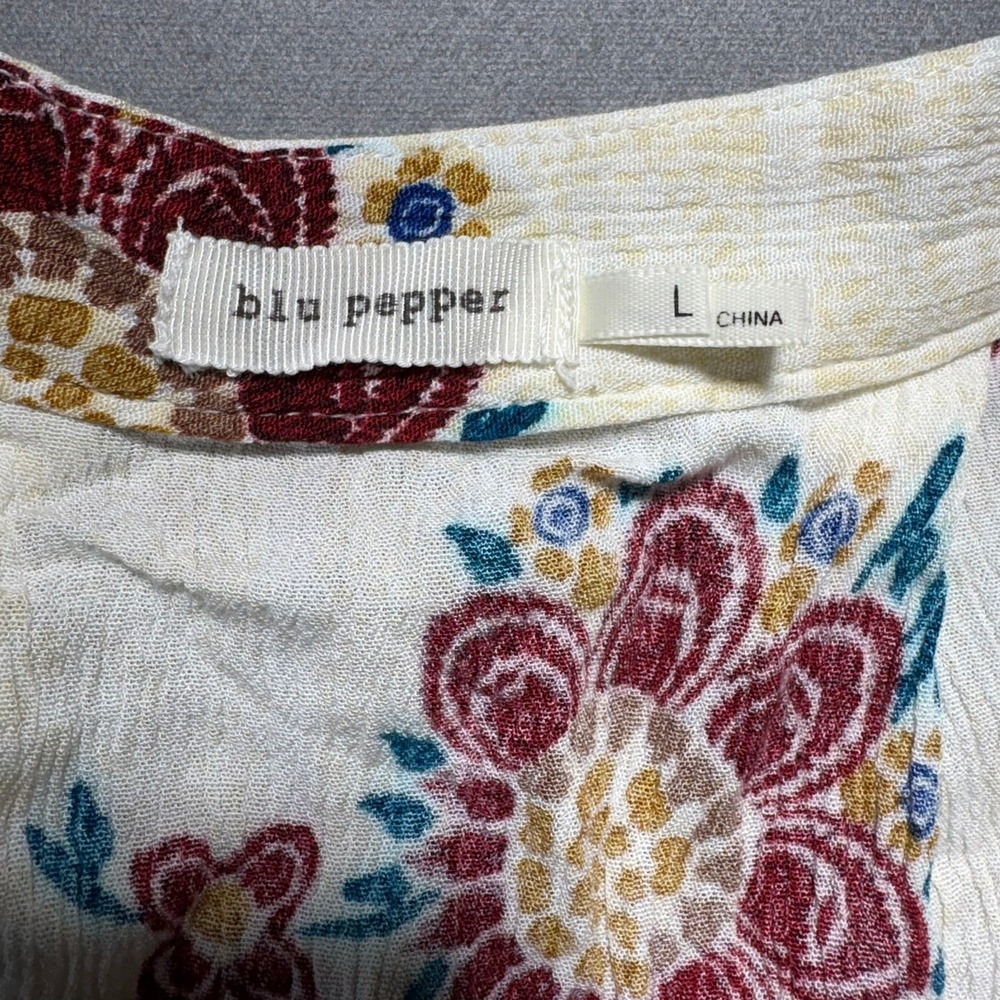 Blu Pepper Floral Sleeveless Blouse Cream Blue V-Neck Rayon Top BA6964 L - Picture 6 of 10